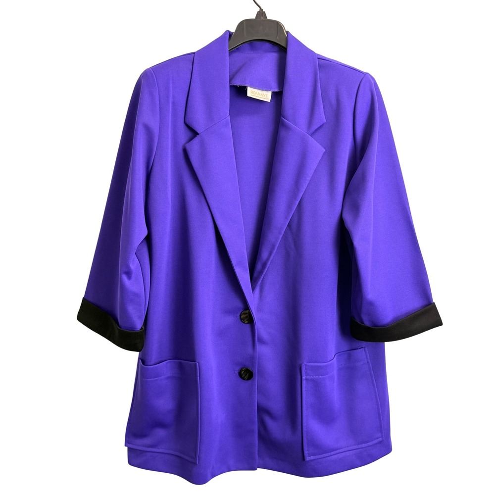 Roamans Vintage Purple Blazer Jacket 20W 3/4 Sleeve Black Cuff 2 Button Pockets